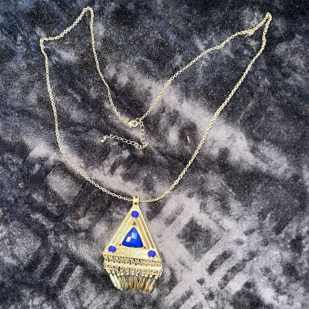 Exotic BOHO Gold-Tone Blue Triangle Pendant Necklace Bohemian Style